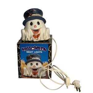 VTG Halloween Ghost Night Light Ceramic Table Lamp Spider Hat Boxed Spooky Decor